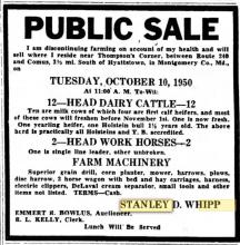 Frederick News 1950 Farm Equipment and Dairy Herd Sale Ad